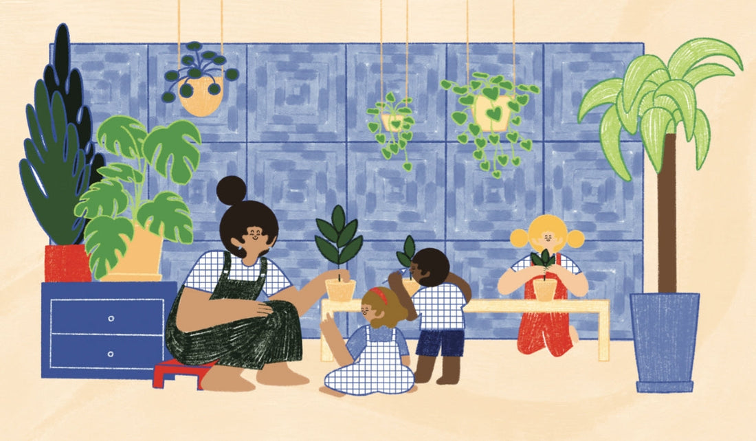 Illustration of a person sitting with children among indoor plants.