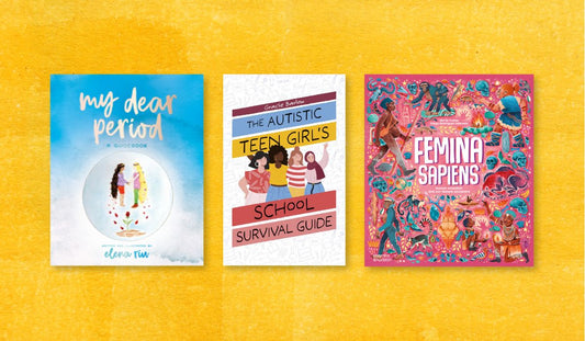 Covers of the three books listed below, against a vibrant yellow painted surface