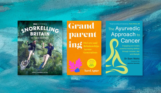 The covers of the books listed below against a painted background of blues and teals