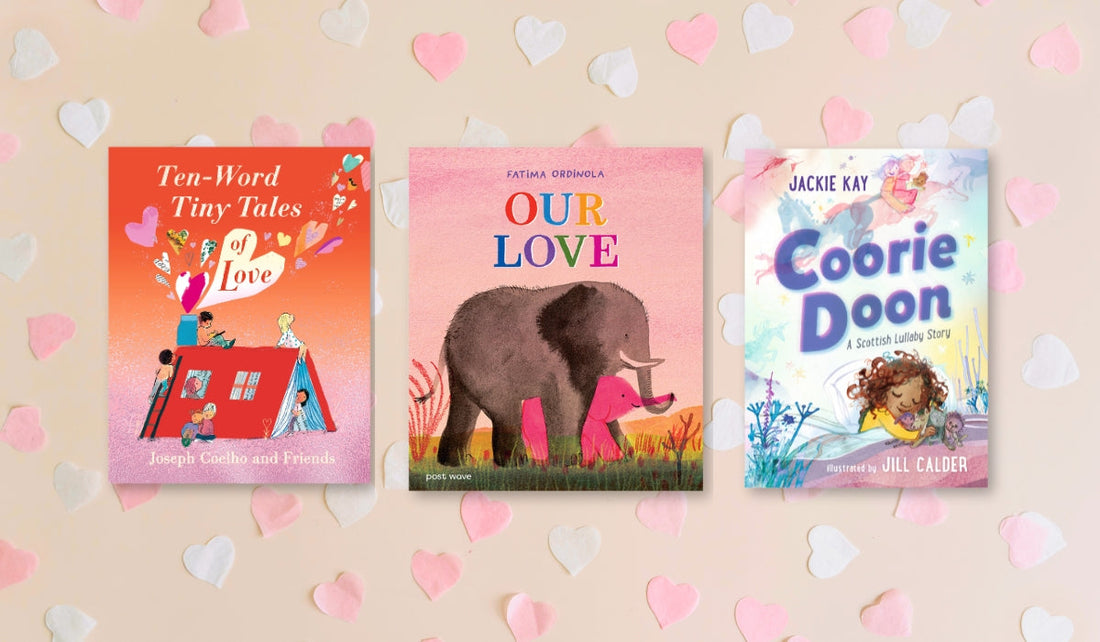 Three books shown on a neutral background scattered with pink and white paper hearts - the books are Ten-Word Tiny Tales of Love, Our Love and Coorie Doon