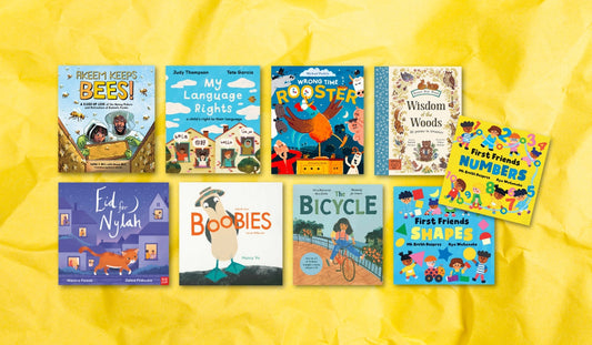 Nine childrens books shown on a bright yellow papery background. Covers shown in the same order as listed below. 