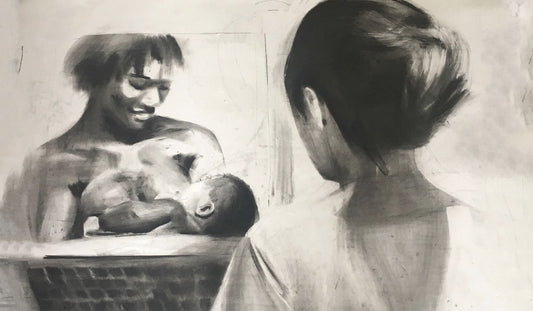 A woman gazes at a child cradled in someone's arms, depicted in soft grayscale tones, conveying warmth and intimacy.